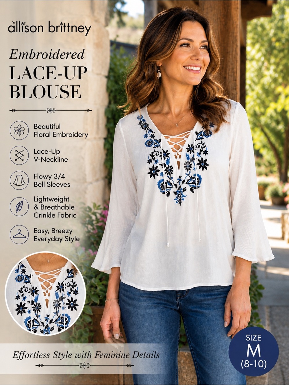 Allison Brittney White Embroidered Lace-Up Boho Peasant Blouse | Women’s Size M